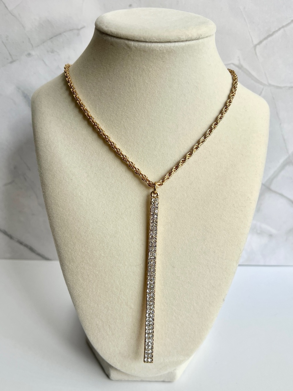 Gold Chain Necklace with Crystal Bar Pendant